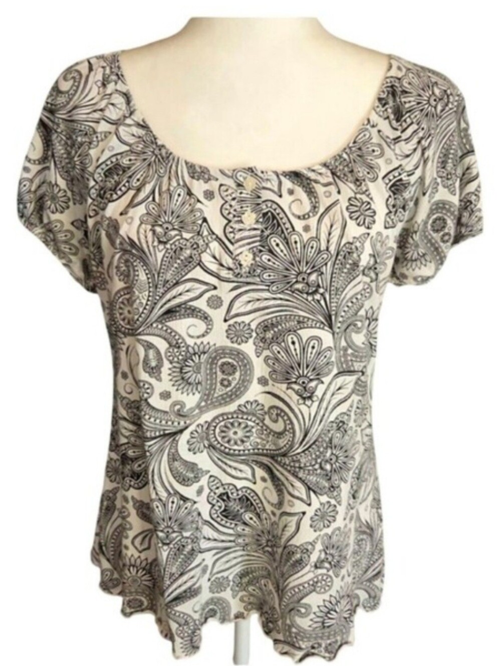 Vintage Susan Lawrence Black White Paisley Scoop Neck Lettuce Hem Top Small
